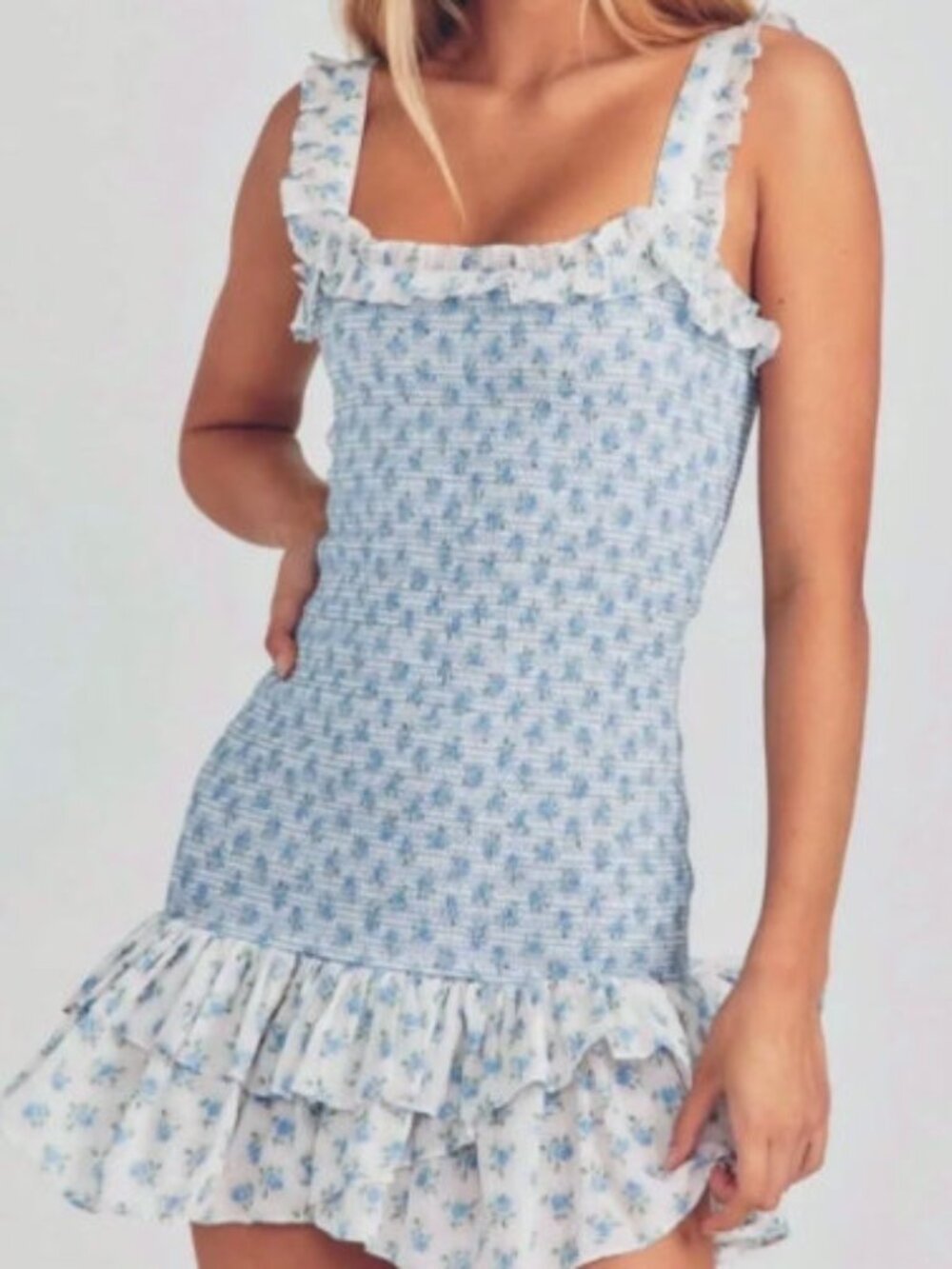 LoveShackFancy Breyer Ruffle Mini Dress Powder Blue Size XS